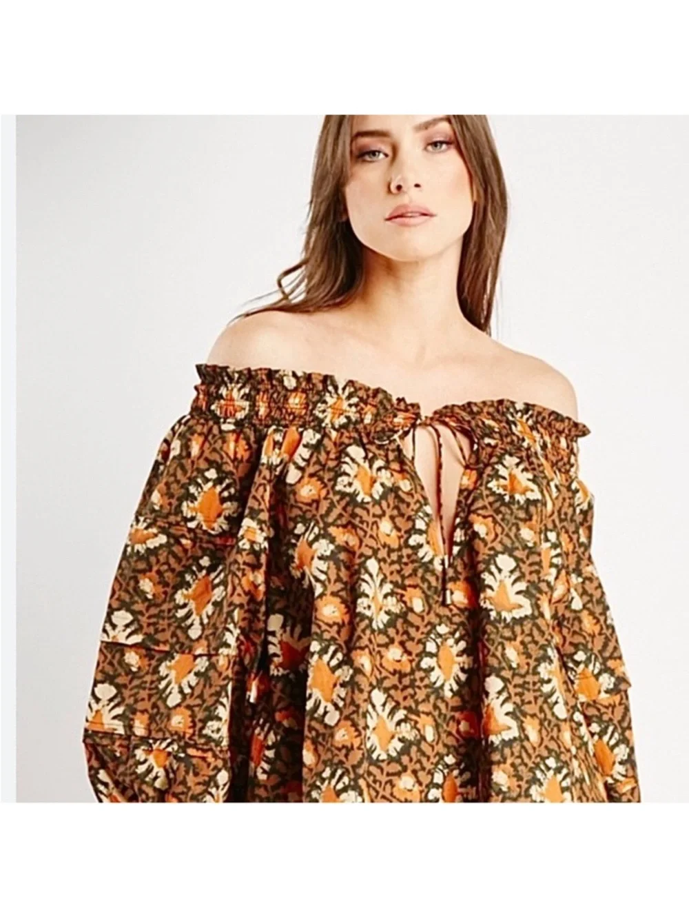 Free People || Willow Printed Top‎ Blouse Puff Sleeve Block Print Boho Brown S